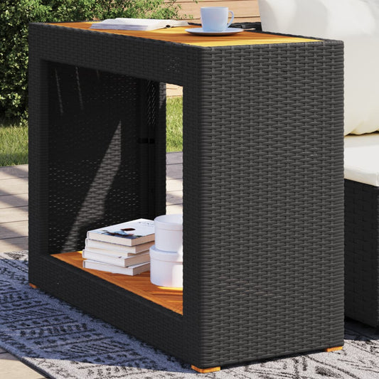 Tuinbijzettafel met houten blad 100x40x75 cm poly rattan zwart is nu te koop bij PeponiXL, paradijselijk wonen!