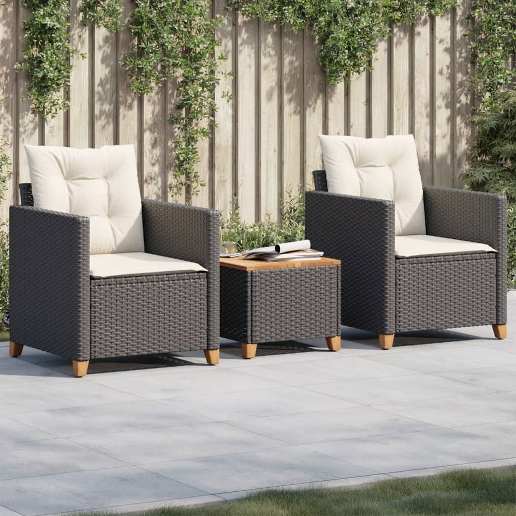 3-delige Bistroset met kussens poly rattan en acaciahout zwart is nu te koop bij PeponiXL, paradijselijk wonen!