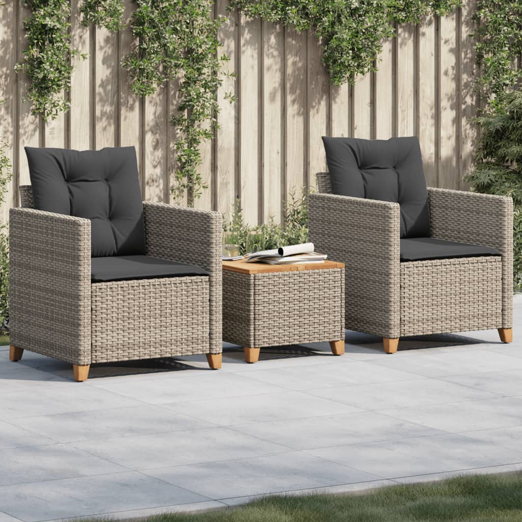 3-delige Bistroset met kussens poly rattan en acaciahout grijs is nu te koop bij PeponiXL, paradijselijk wonen!