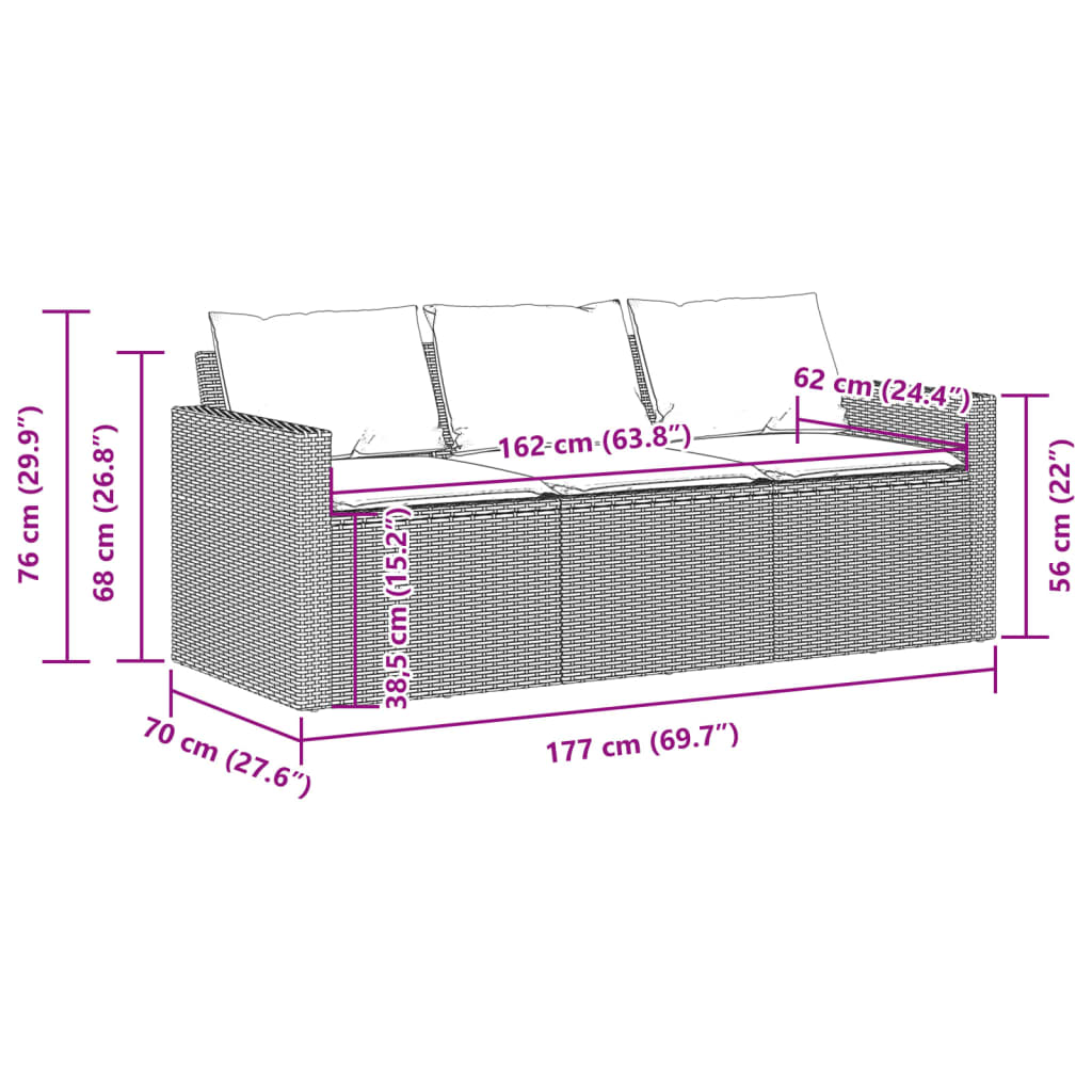 Tuinbank 3-zits met kussens poly rattan bruin is nu te koop bij PeponiXL, paradijselijk wonen!