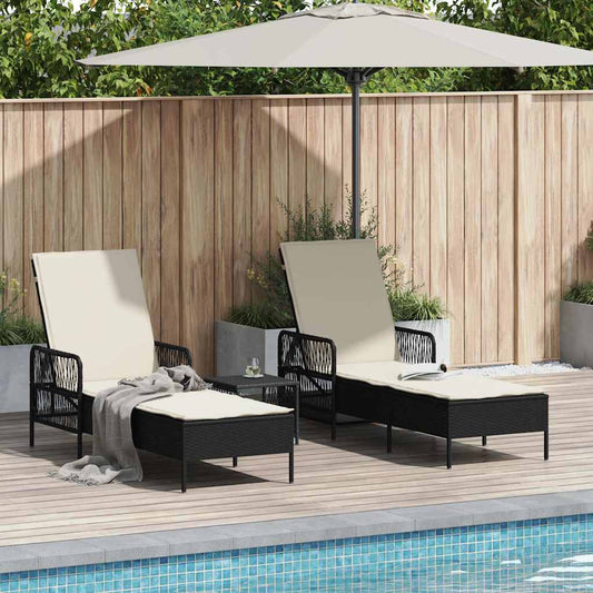 Ligstoel met kussen 3 pcs Zwart en Cream Wit poly rattan is nu te koop bij PeponiXL, paradijselijk wonen!