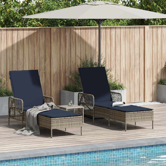Ligstoel met kussen 3 pcs Grijs en Marineblauw poly rattan is nu te koop bij PeponiXL, paradijselijk wonen!