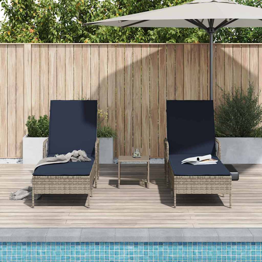 Ligstoel met kussen 3 pcs Grijs en Marineblauw poly rattan is nu te koop bij PeponiXL, paradijselijk wonen!