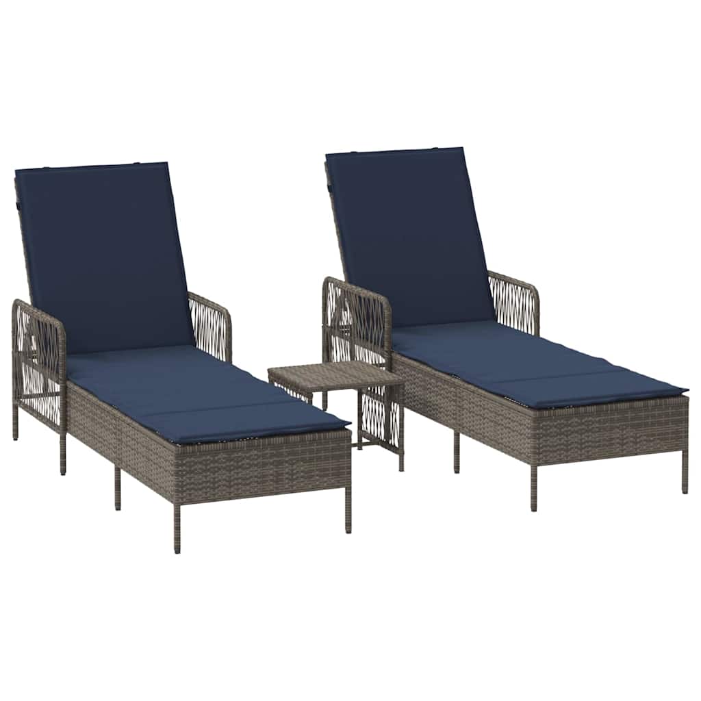 Ligstoel met kussen 3 pcs Grijs en Marineblauw poly rattan is nu te koop bij PeponiXL, paradijselijk wonen!