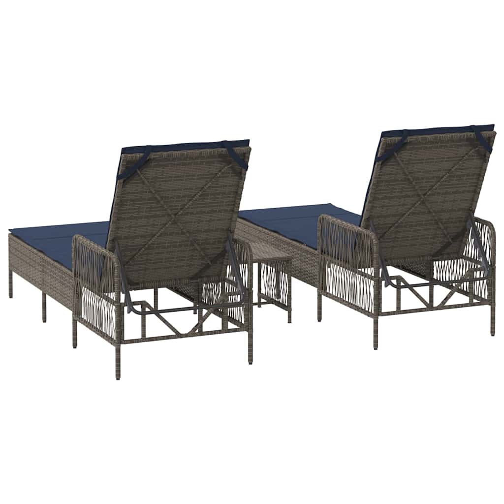 Ligstoel met kussen 3 pcs Grijs en Marineblauw poly rattan is nu te koop bij PeponiXL, paradijselijk wonen!