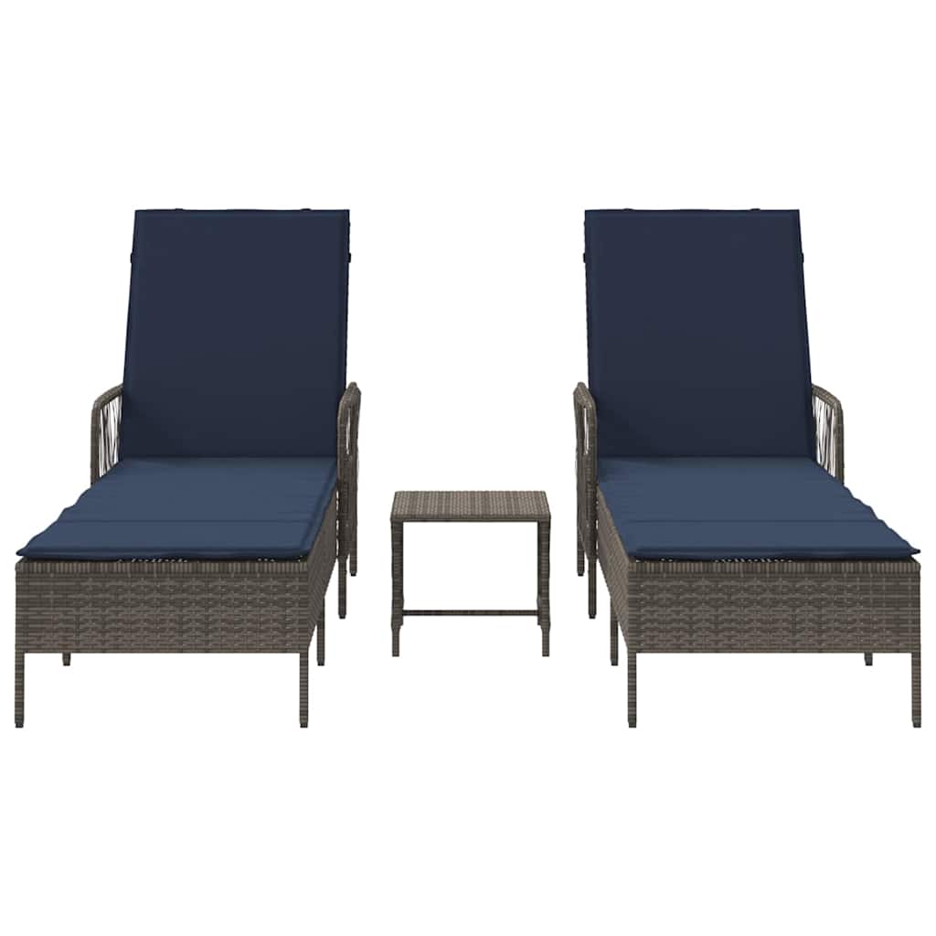 Ligstoel met kussen 3 pcs Grijs en Marineblauw poly rattan is nu te koop bij PeponiXL, paradijselijk wonen!