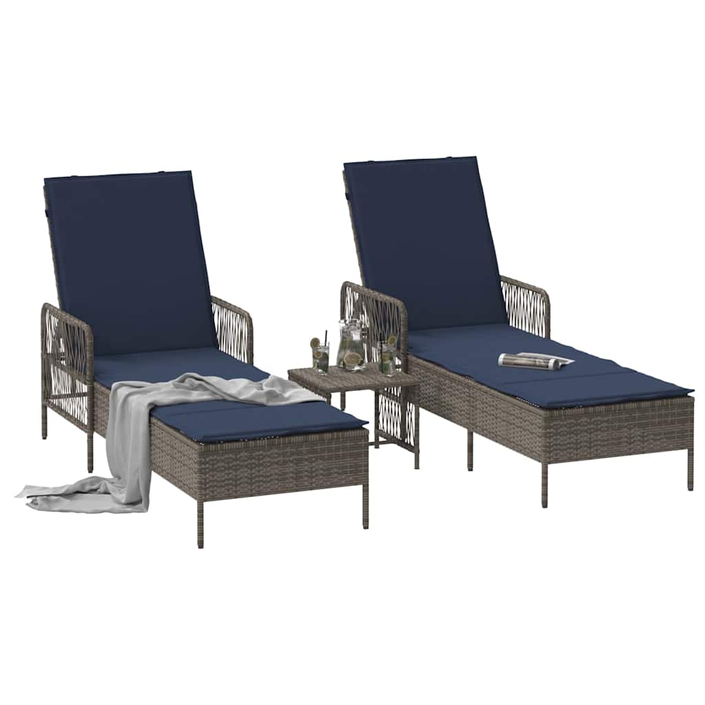 Ligstoel met kussen 3 pcs Grijs en Marineblauw poly rattan is nu te koop bij PeponiXL, paradijselijk wonen!