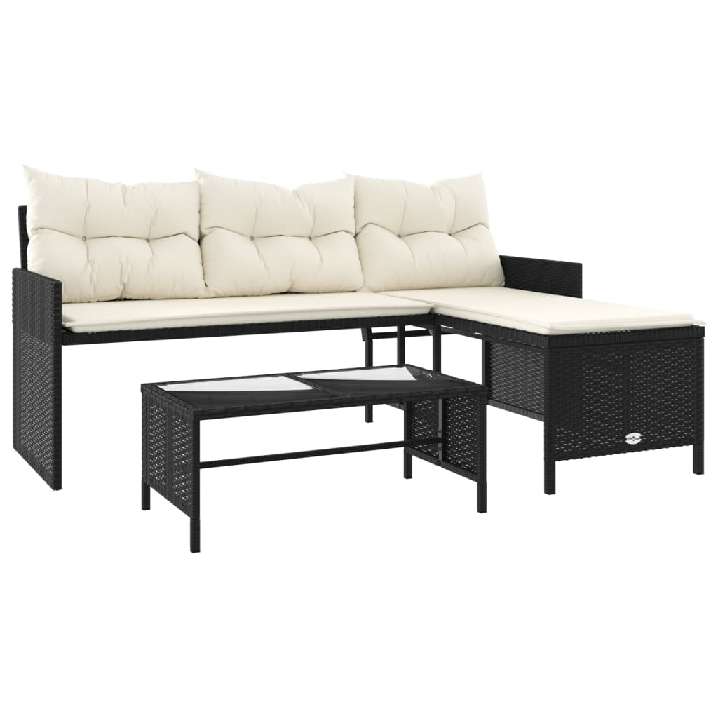 Tuinbank met tafel en kussens L-vormig poly rattan zwart is nu te koop bij PeponiXL, paradijselijk wonen!