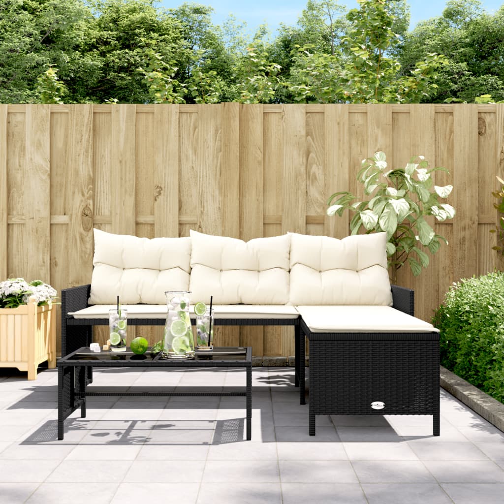 Tuinbank met tafel en kussens L-vormig poly rattan zwart is nu te koop bij PeponiXL, paradijselijk wonen!