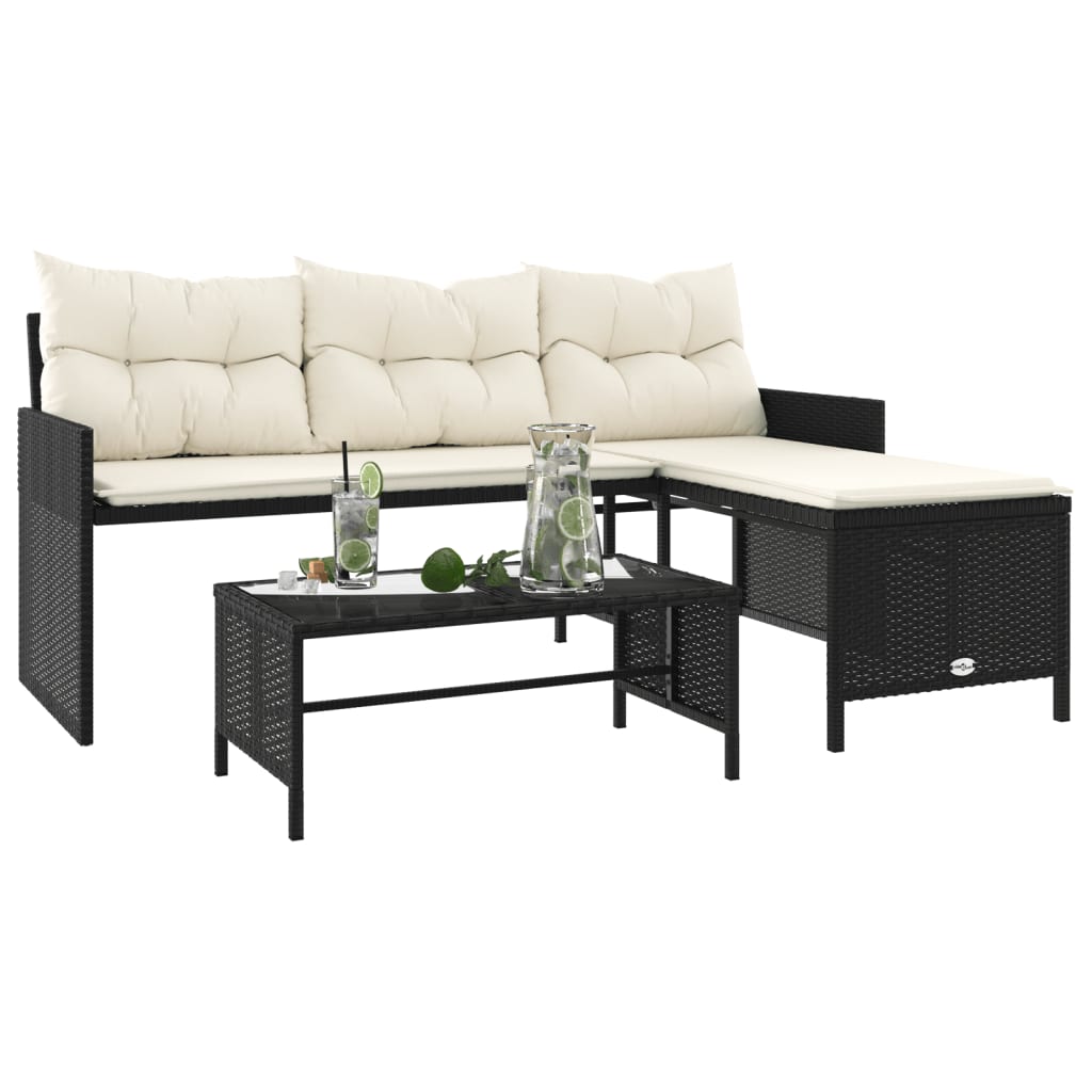 Tuinbank met tafel en kussens L-vormig poly rattan zwart is nu te koop bij PeponiXL, paradijselijk wonen!