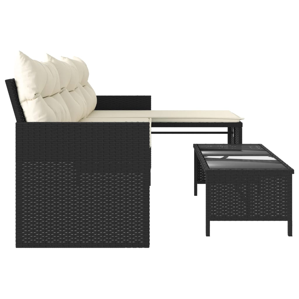 Tuinbank met tafel en kussens L-vormig poly rattan zwart is nu te koop bij PeponiXL, paradijselijk wonen!