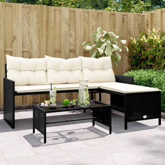 Tuinbank met tafel en kussens L-vormig poly rattan zwart is nu te koop bij PeponiXL, paradijselijk wonen!