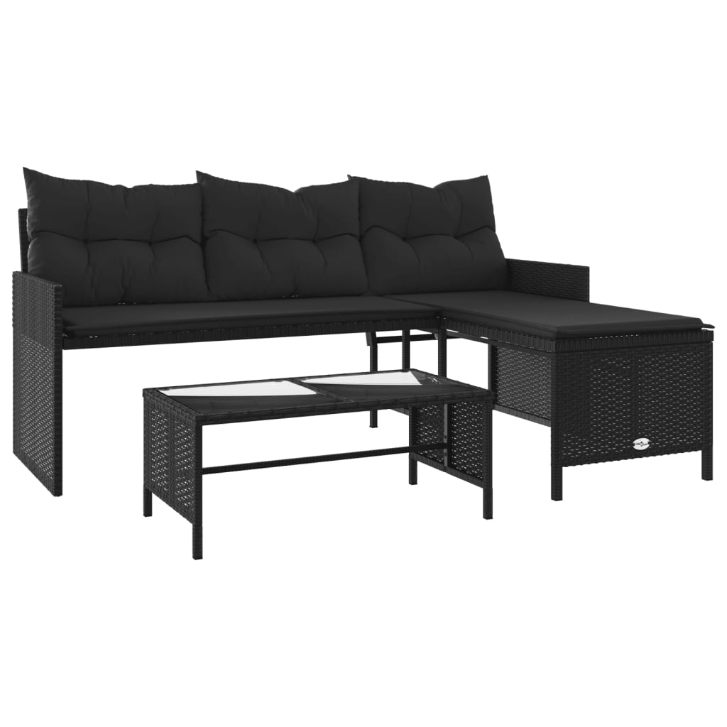 Tuinbank met tafel en kussens L-vormig poly rattan zwart is nu te koop bij PeponiXL, paradijselijk wonen!