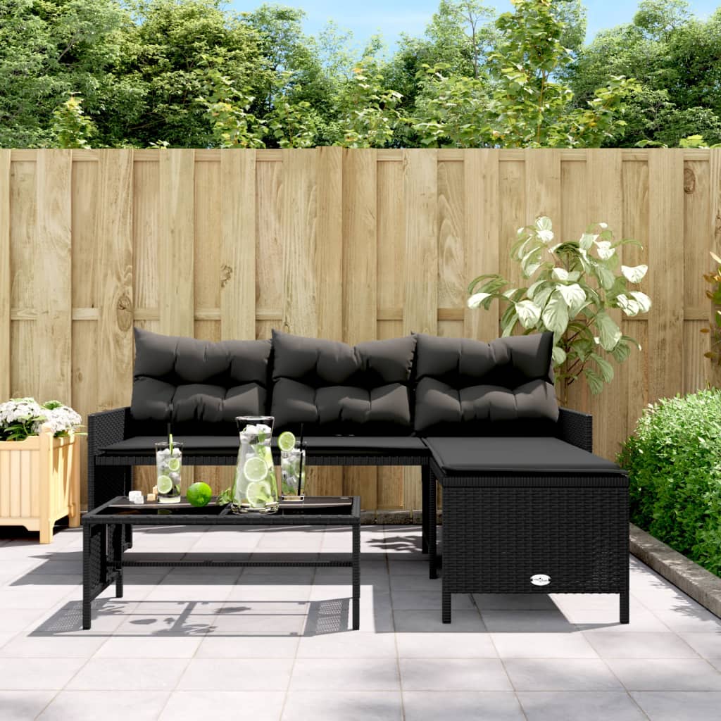 Tuinbank met tafel en kussens L-vormig poly rattan zwart is nu te koop bij PeponiXL, paradijselijk wonen!
