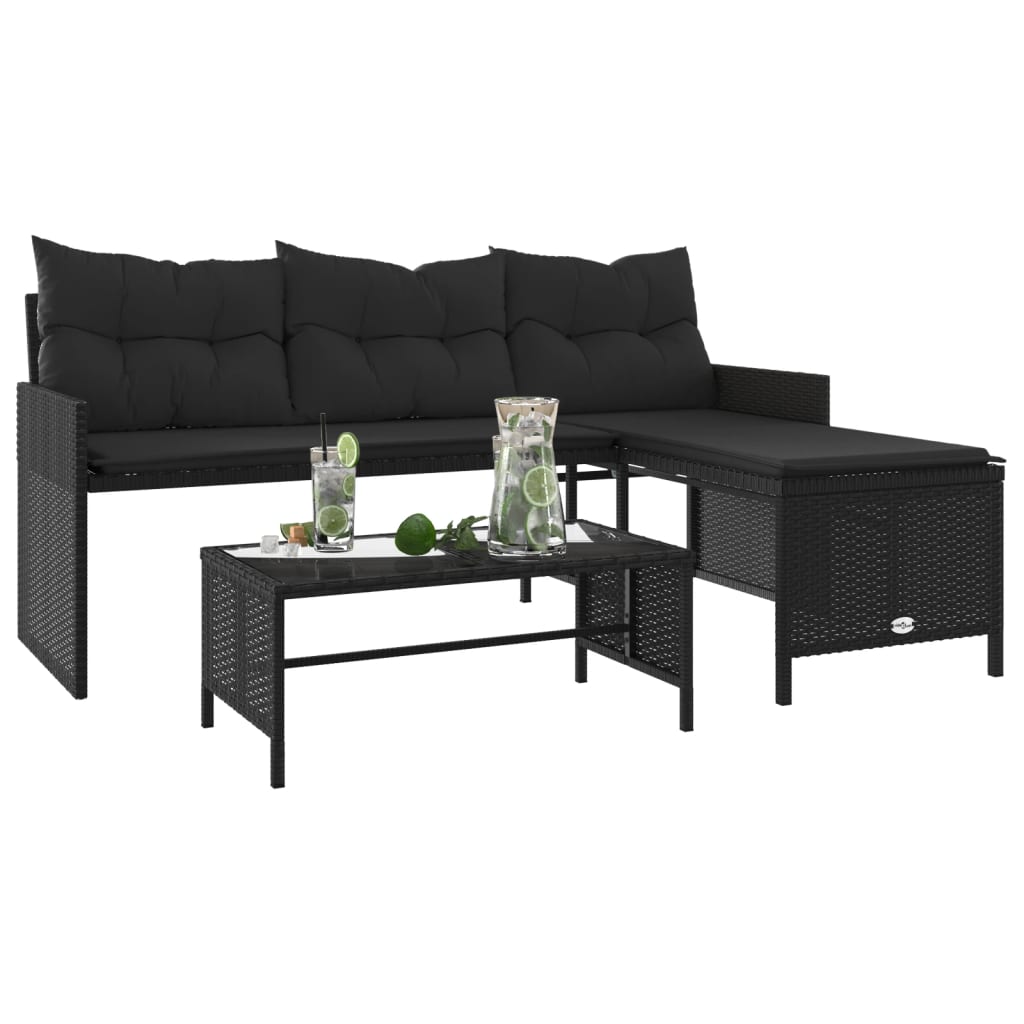Tuinbank met tafel en kussens L-vormig poly rattan zwart is nu te koop bij PeponiXL, paradijselijk wonen!