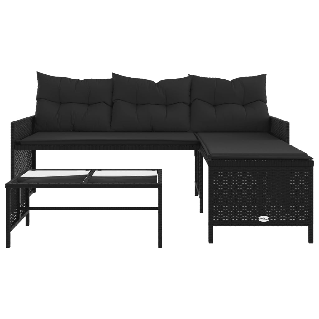 Tuinbank met tafel en kussens L-vormig poly rattan zwart is nu te koop bij PeponiXL, paradijselijk wonen!