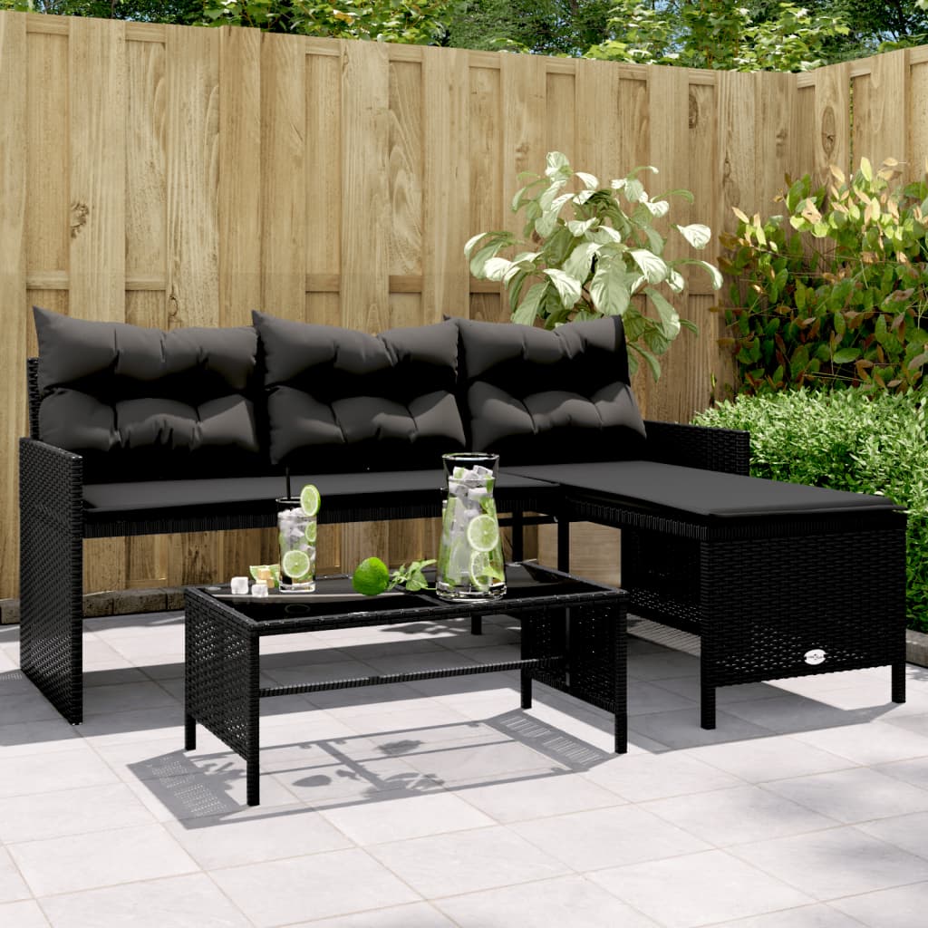 Tuinbank met tafel en kussens L-vormig poly rattan zwart is nu te koop bij PeponiXL, paradijselijk wonen!