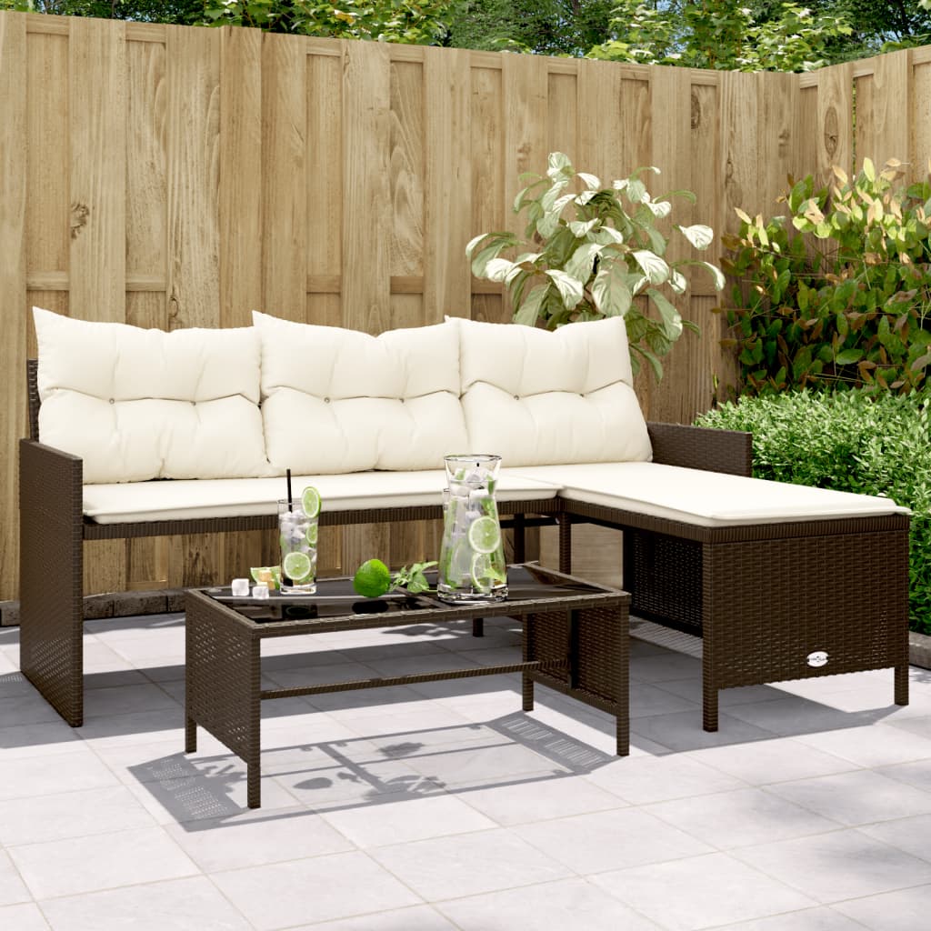 Tuinbank met tafel en kussens L-vormig poly rattan bruin is nu te koop bij PeponiXL, paradijselijk wonen!