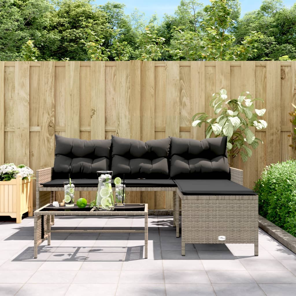 Tuinbank met tafel en kussens L-vormig poly rattan grijs is nu te koop bij PeponiXL, paradijselijk wonen!