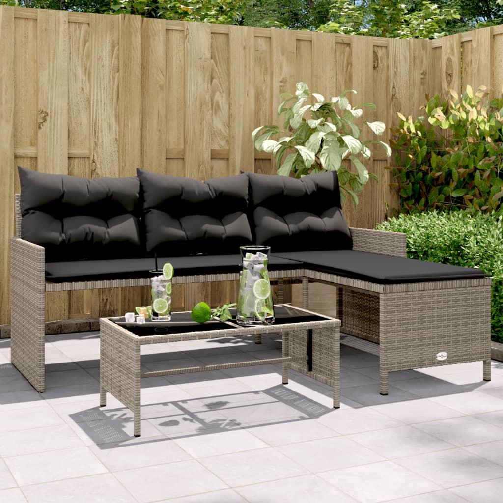 Tuinbank met tafel en kussens L-vormig poly rattan grijs is nu te koop bij PeponiXL, paradijselijk wonen!