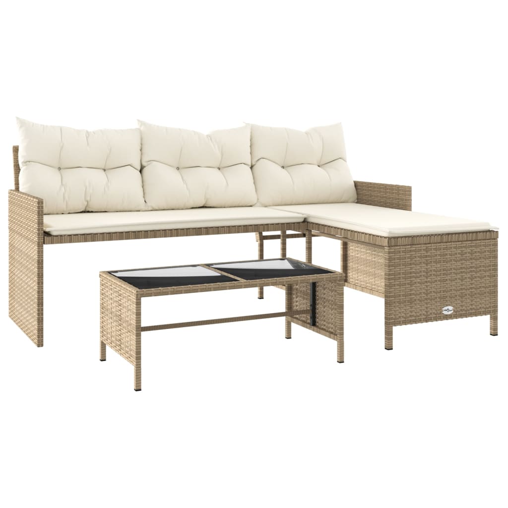 Tuinbank met tafel en kussens L-vormig poly rattan beige is nu te koop bij PeponiXL, paradijselijk wonen!