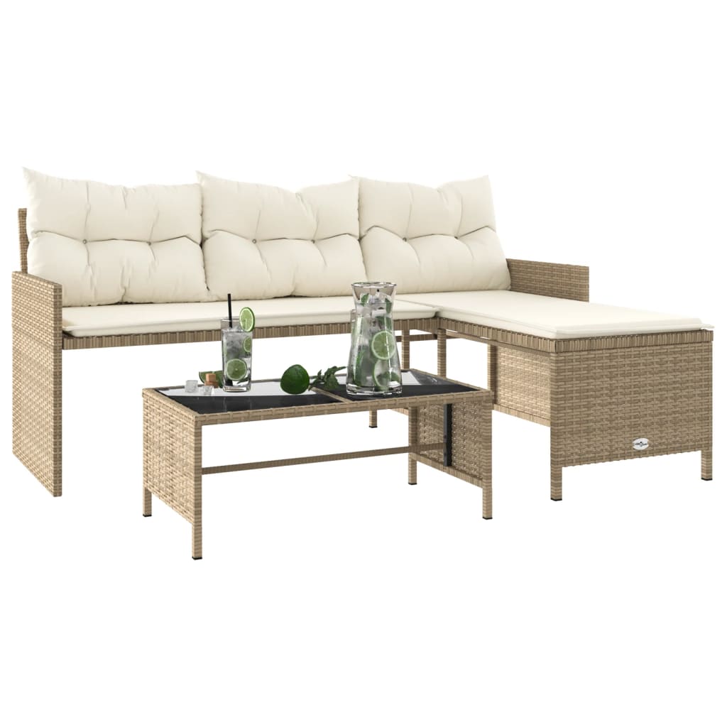 Tuinbank met tafel en kussens L-vormig poly rattan beige is nu te koop bij PeponiXL, paradijselijk wonen!