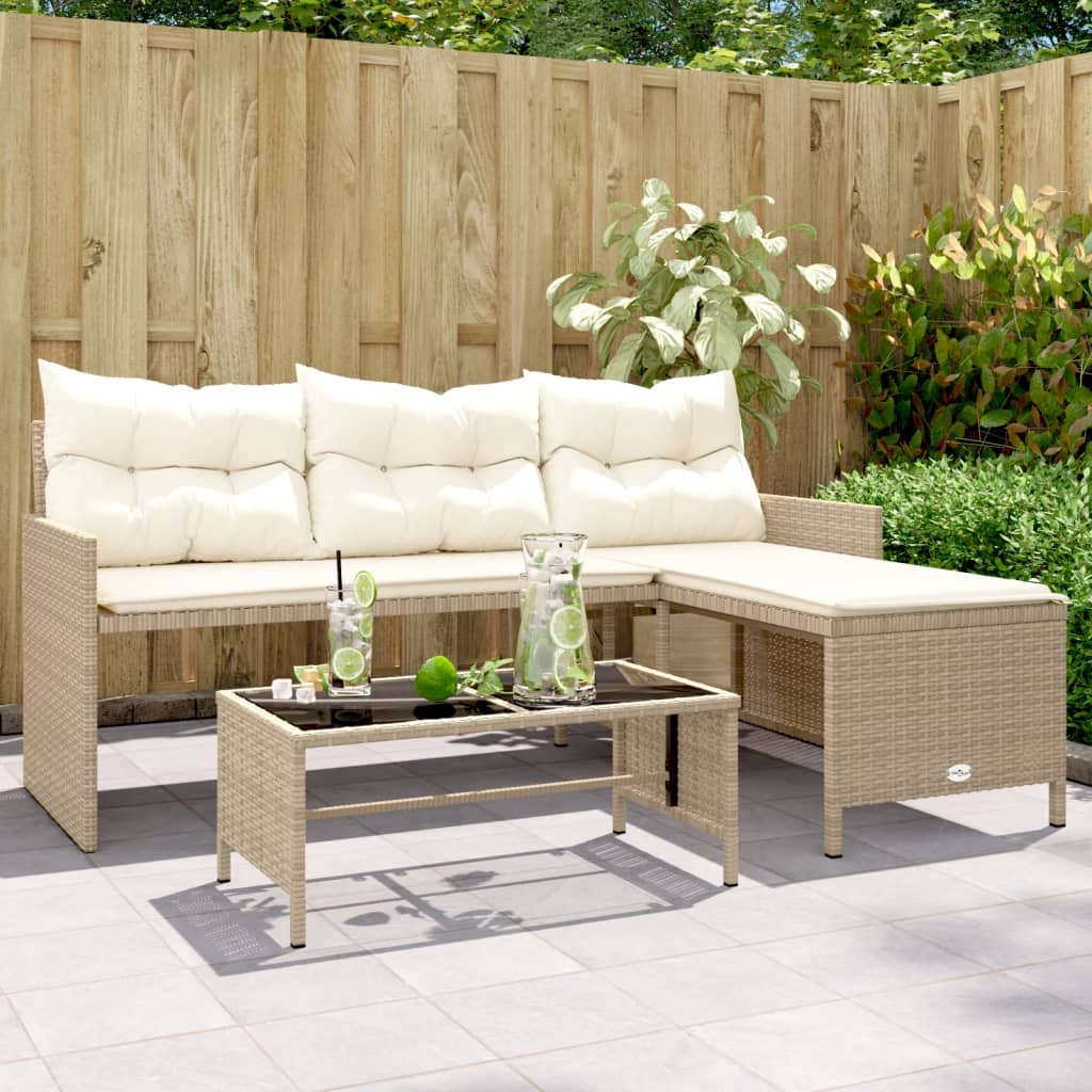 Tuinbank met tafel en kussens L-vormig poly rattan beige is nu te koop bij PeponiXL, paradijselijk wonen!