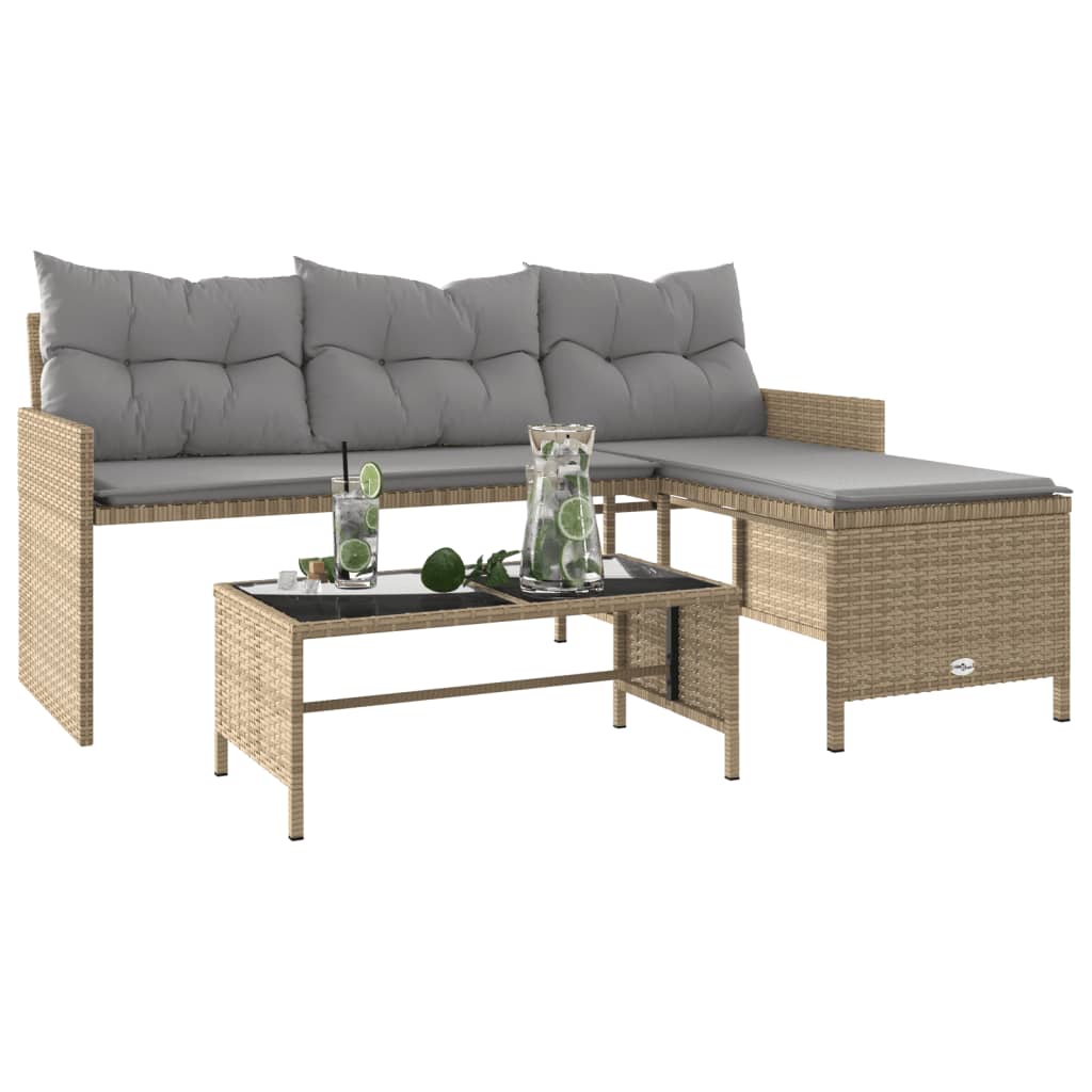 Tuinbank met tafel en kussens L-vormig poly rattan beige is nu te koop bij PeponiXL, paradijselijk wonen!