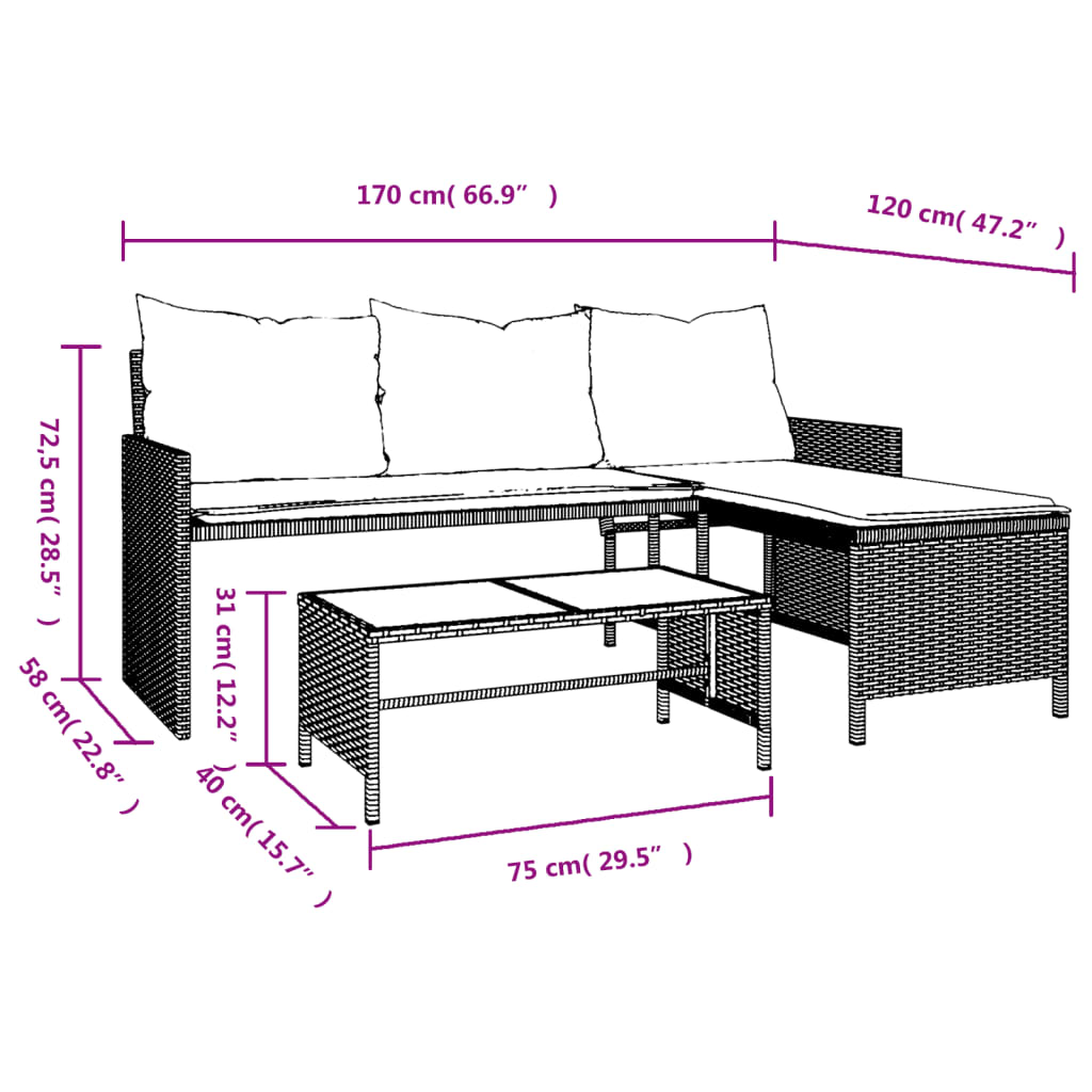 Tuinbank met tafel en kussens L-vormig poly rattan beige is nu te koop bij PeponiXL, paradijselijk wonen!