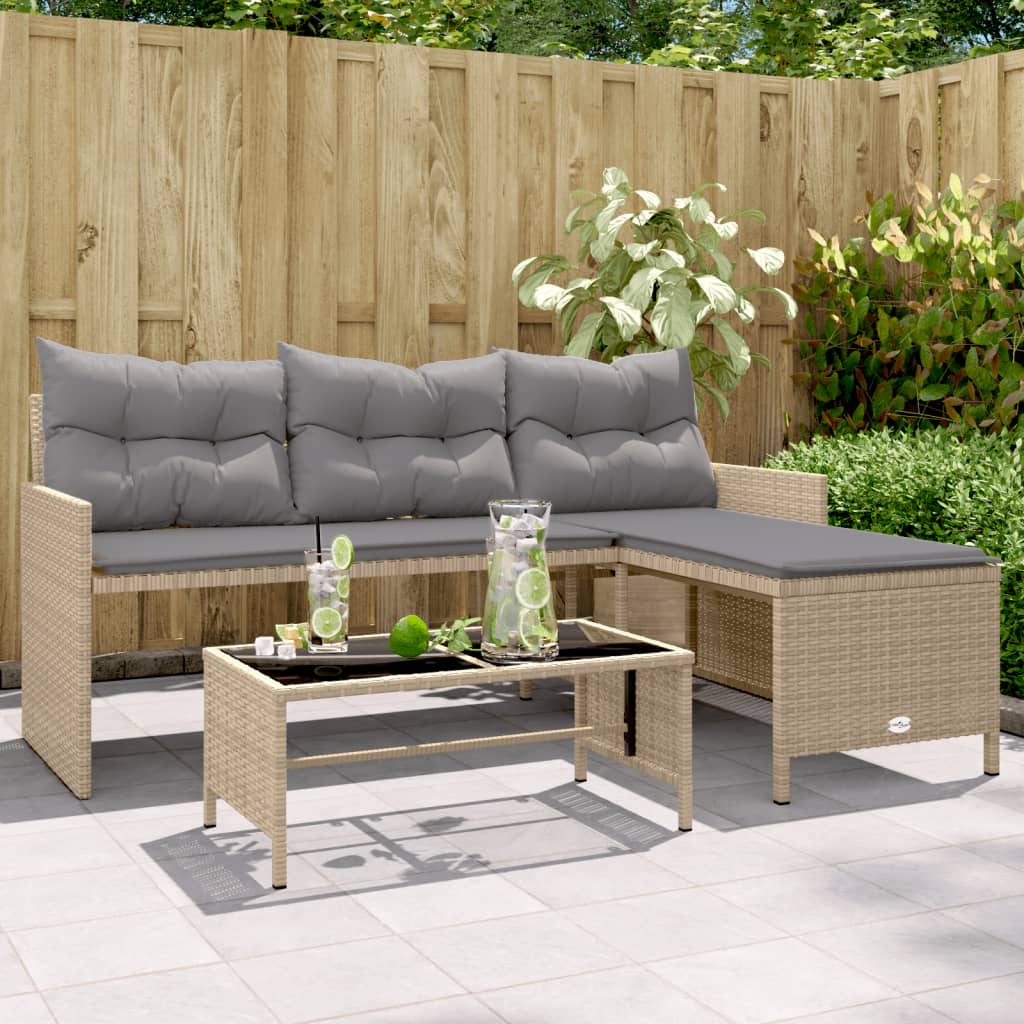 Tuinbank met tafel en kussens L-vormig poly rattan beige is nu te koop bij PeponiXL, paradijselijk wonen!