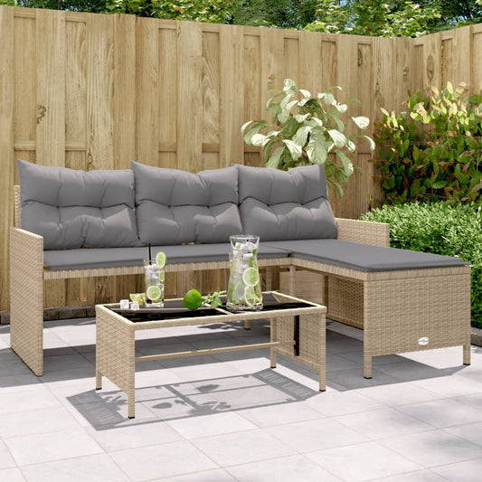 Tuinbank met tafel en kussens L-vormig poly rattan beige is nu te koop bij PeponiXL, paradijselijk wonen!