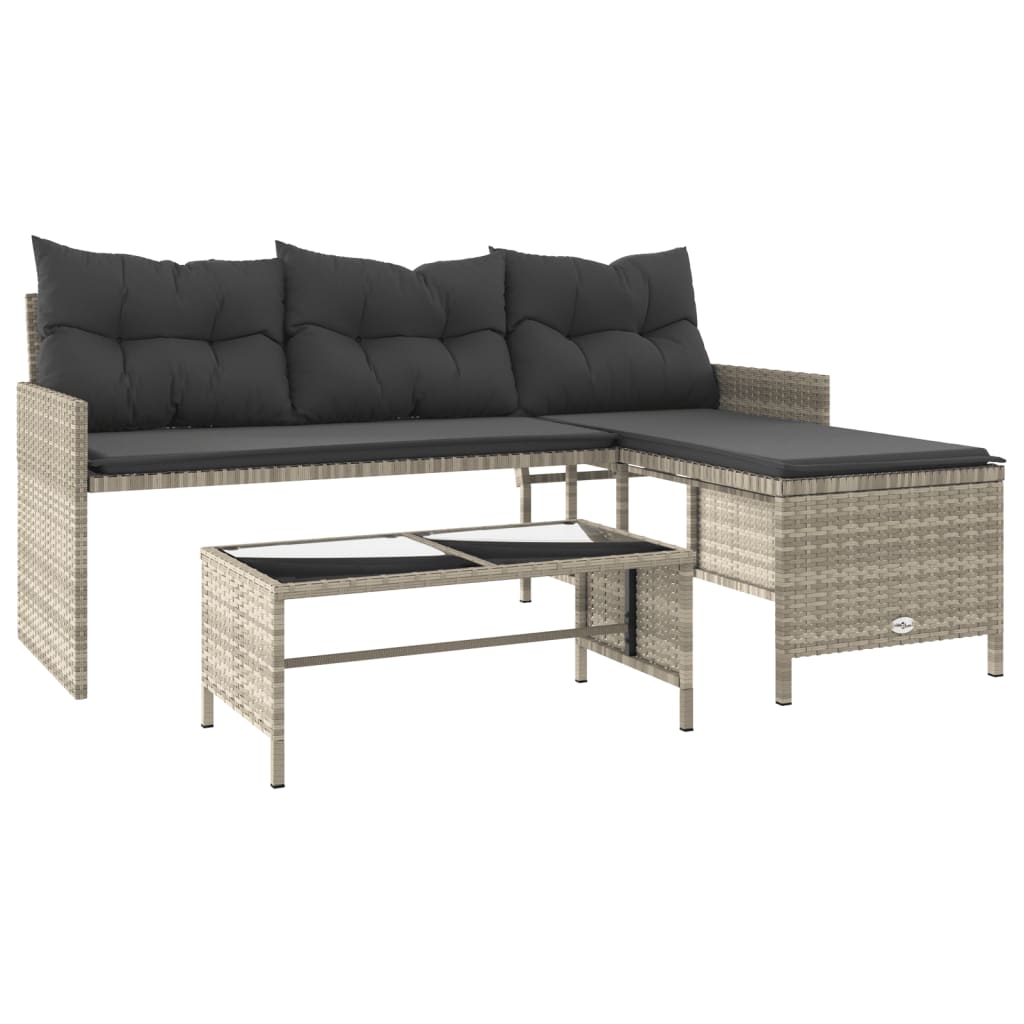 Tuinbank met tafel en kussens L-vormig poly rattan lichtgrijs is nu te koop bij PeponiXL, paradijselijk wonen!