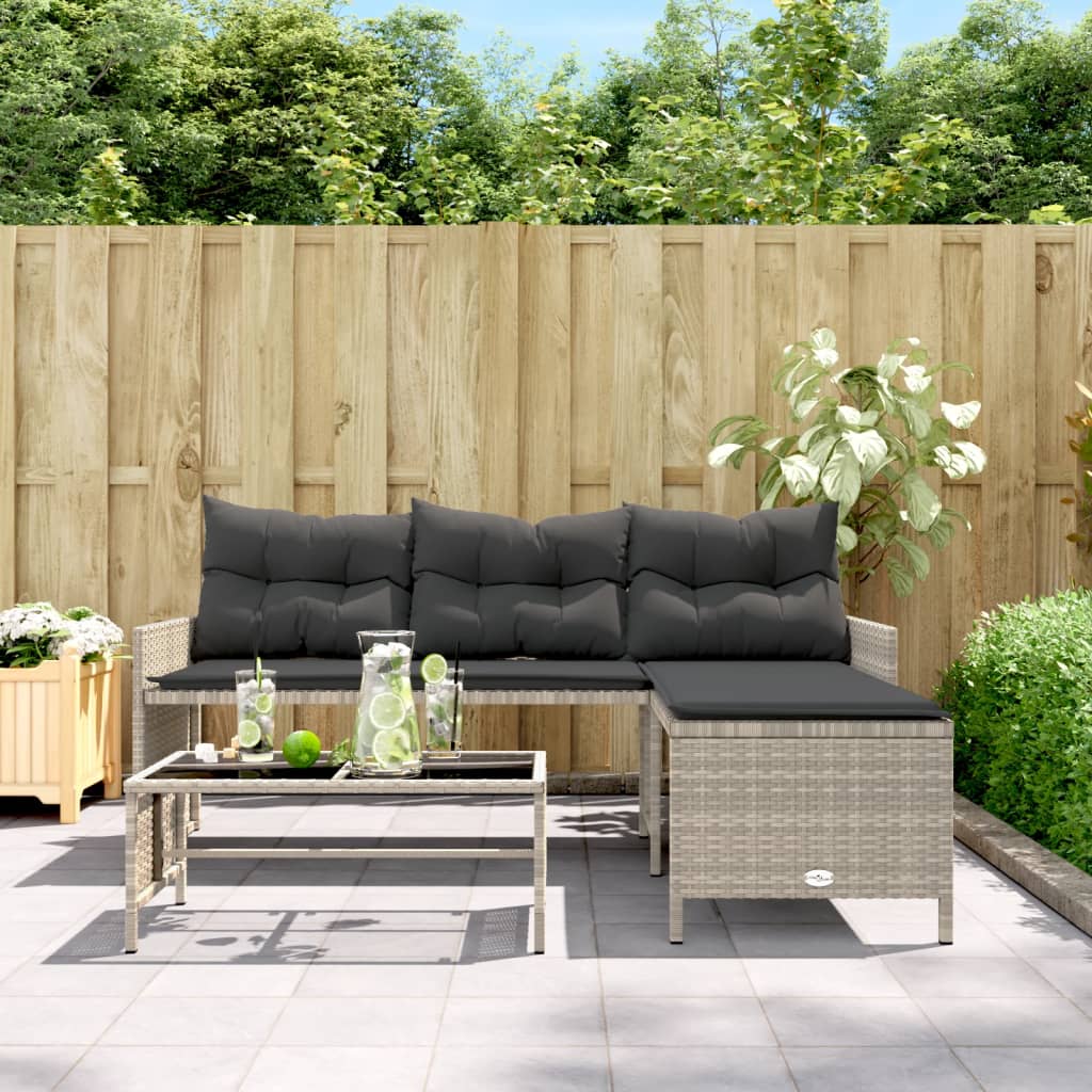 Tuinbank met tafel en kussens L-vormig poly rattan lichtgrijs is nu te koop bij PeponiXL, paradijselijk wonen!