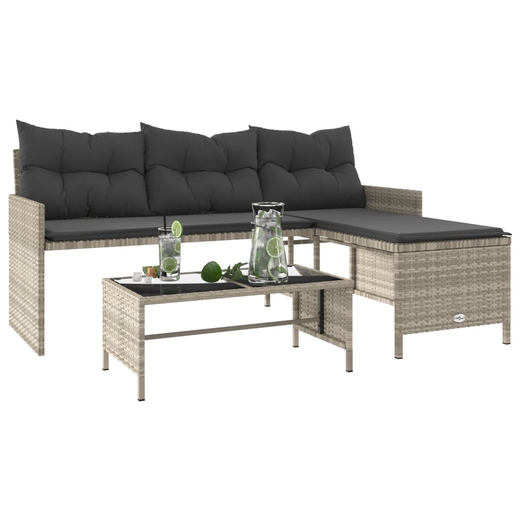 Tuinbank met tafel en kussens L-vormig poly rattan lichtgrijs is nu te koop bij PeponiXL, paradijselijk wonen!