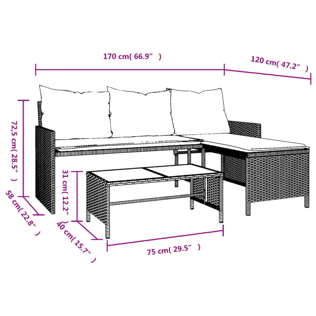 Tuinbank met tafel en kussens L-vormig poly rattan lichtgrijs is nu te koop bij PeponiXL, paradijselijk wonen!