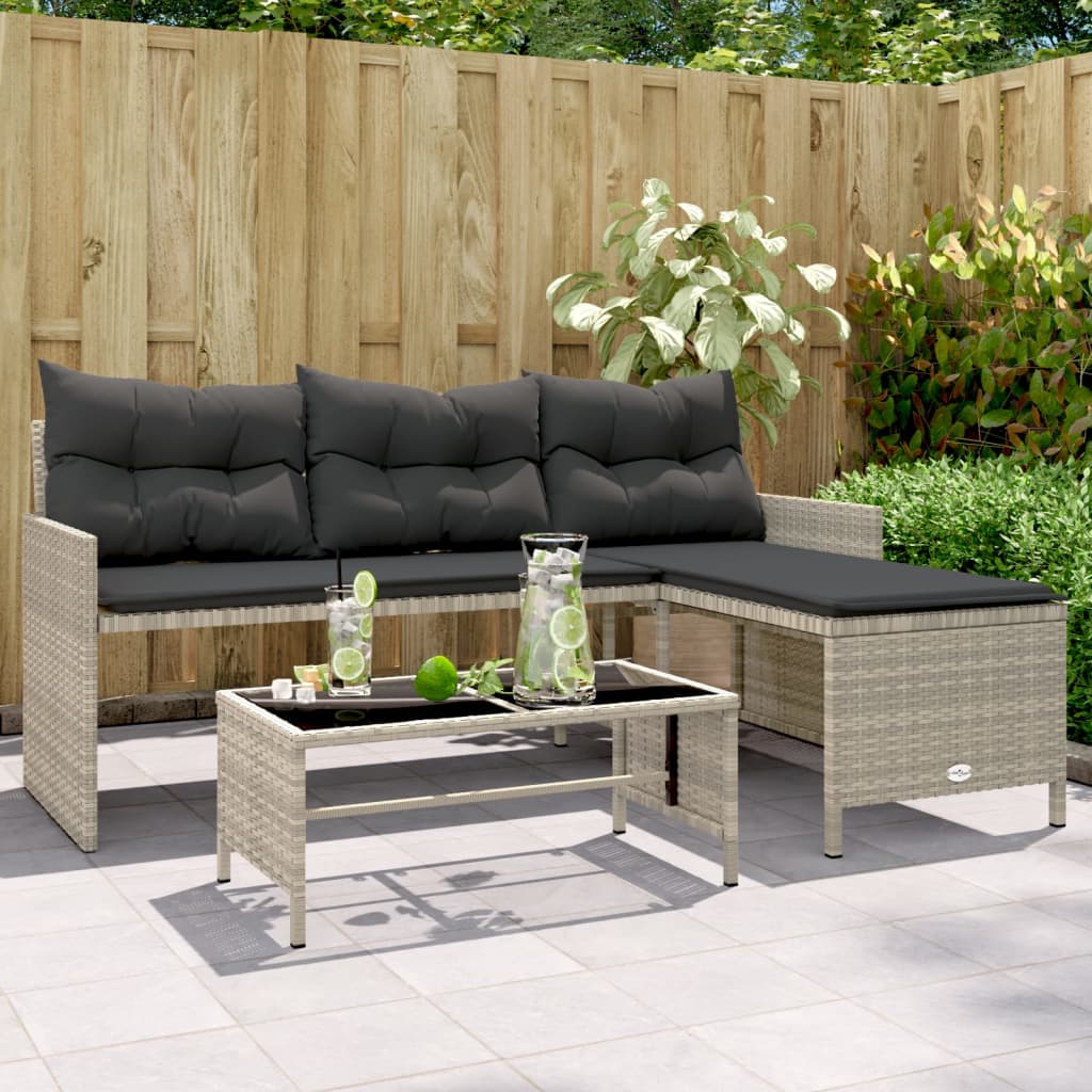 Tuinbank met tafel en kussens L-vormig poly rattan lichtgrijs is nu te koop bij PeponiXL, paradijselijk wonen!