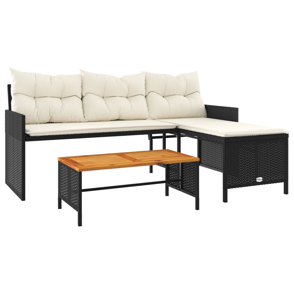 Tuinbank met tafel en kussens L-vormig poly rattan zwart is nu te koop bij PeponiXL, paradijselijk wonen!