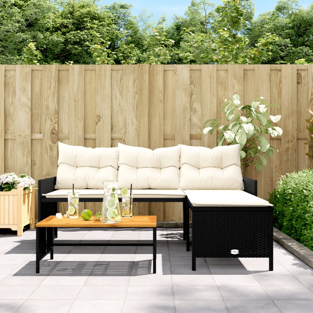 Tuinbank met tafel en kussens L-vormig poly rattan zwart is nu te koop bij PeponiXL, paradijselijk wonen!