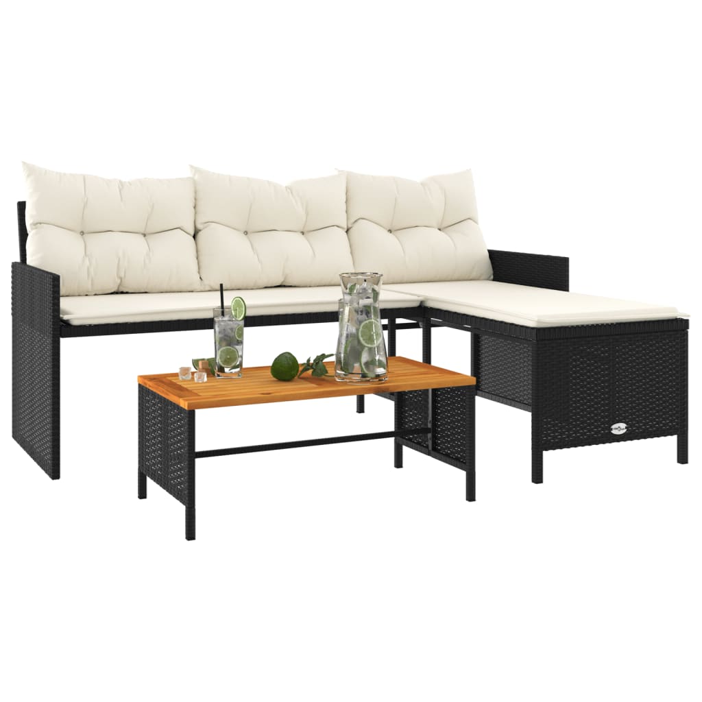Tuinbank met tafel en kussens L-vormig poly rattan zwart is nu te koop bij PeponiXL, paradijselijk wonen!