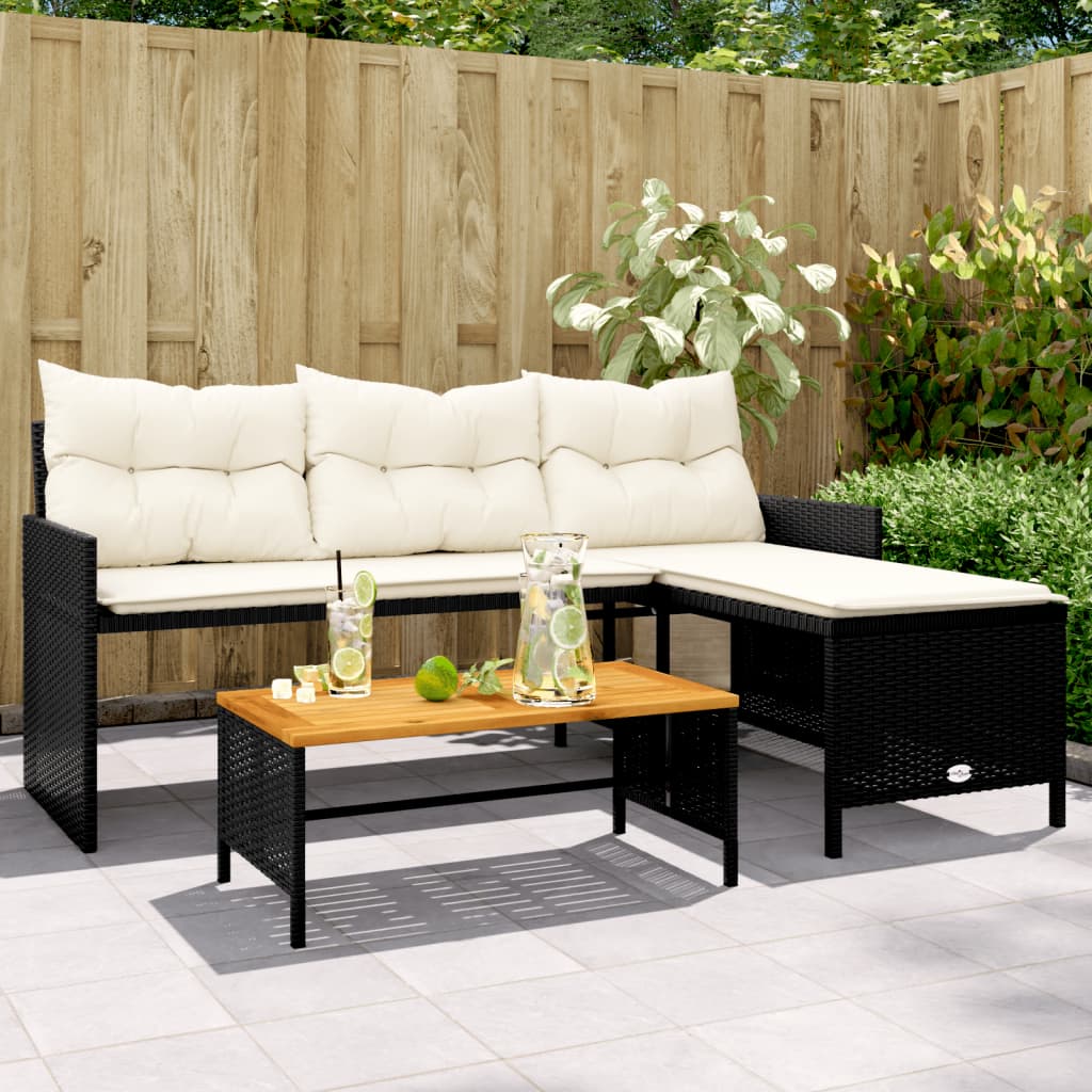 Tuinbank met tafel en kussens L-vormig poly rattan zwart is nu te koop bij PeponiXL, paradijselijk wonen!