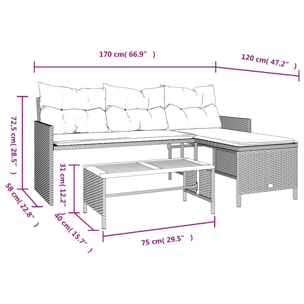 Tuinbank met tafel en kussens L-vormig poly rattan grijs is nu te koop bij PeponiXL, paradijselijk wonen!