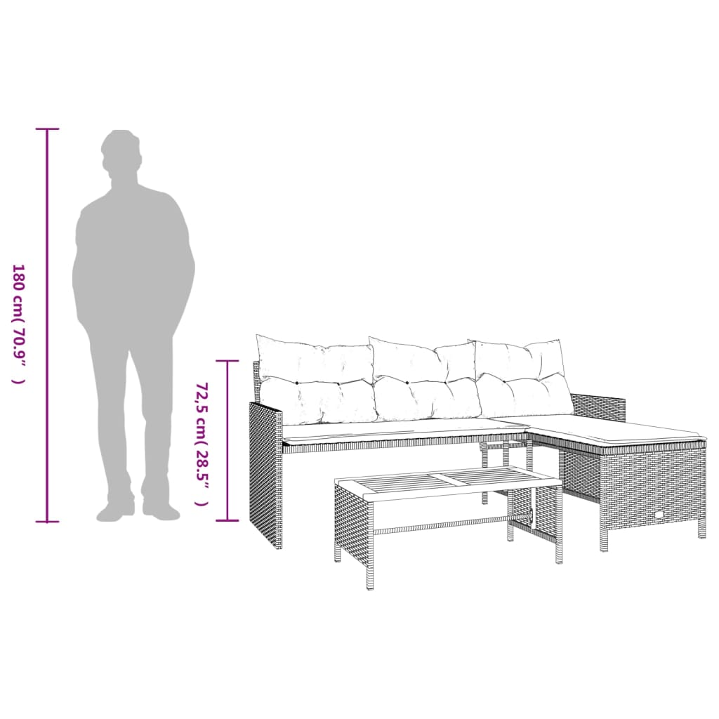 Tuinbank met tafel en kussens L-vormig poly rattan grijs is nu te koop bij PeponiXL, paradijselijk wonen!