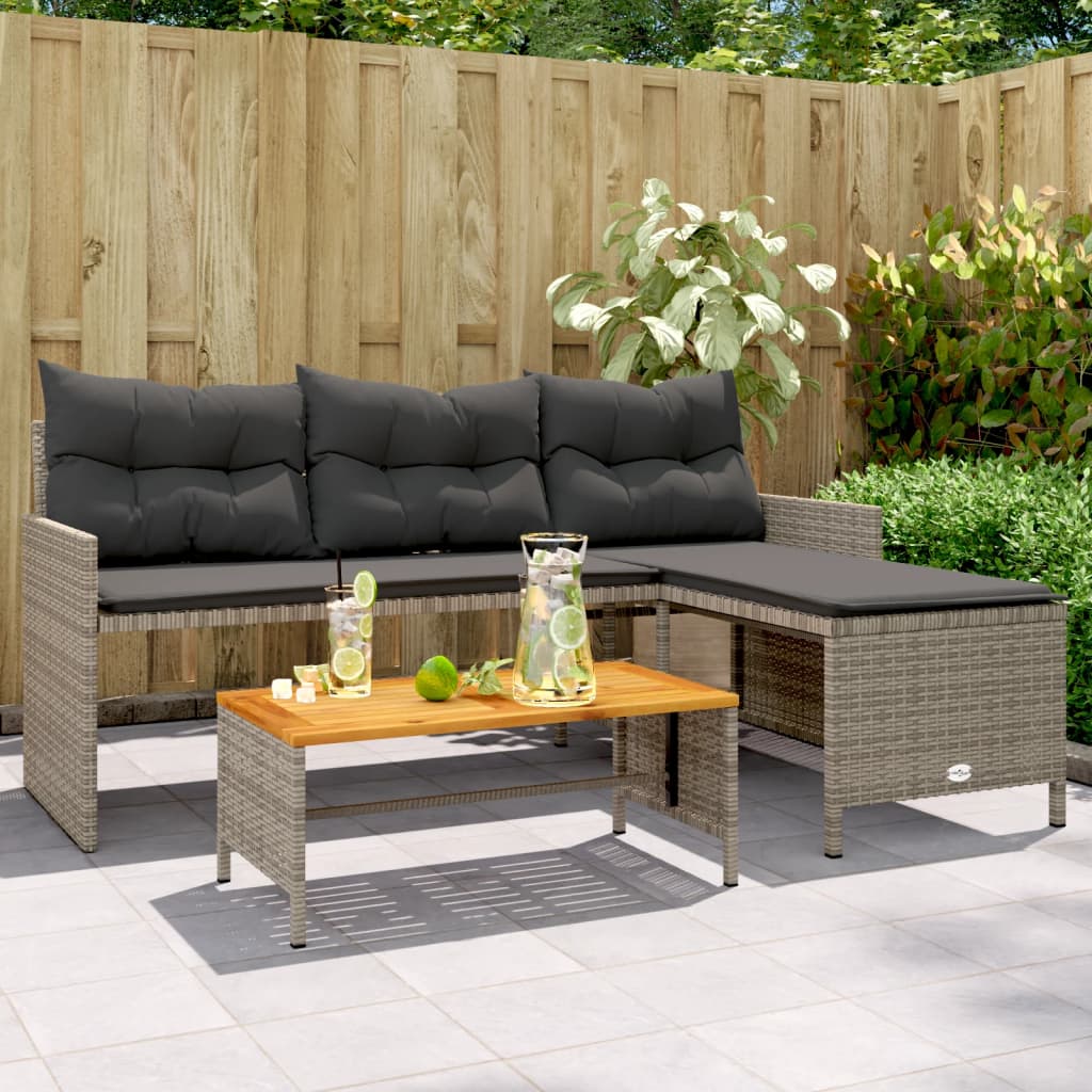 Tuinbank met tafel en kussens L-vormig poly rattan grijs is nu te koop bij PeponiXL, paradijselijk wonen!