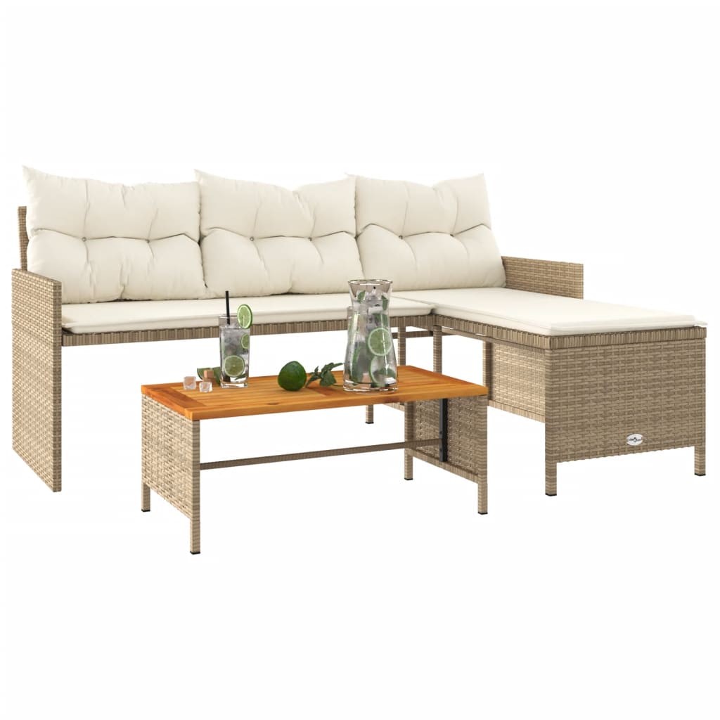 Tuinbank met tafel en kussens L-vormig poly rattan beige is nu te koop bij PeponiXL, paradijselijk wonen!