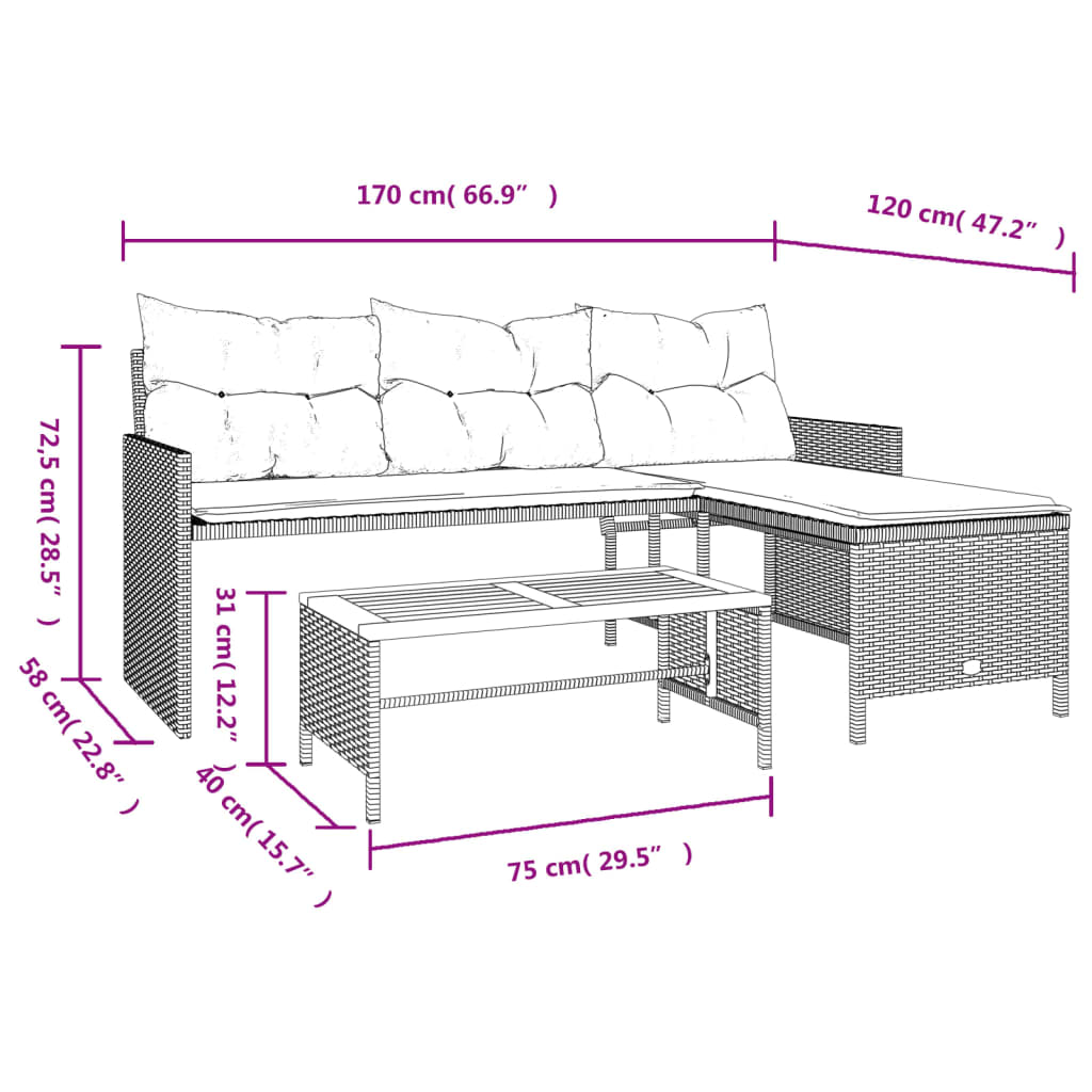 Tuinbank met tafel en kussens L-vormig poly rattan beige is nu te koop bij PeponiXL, paradijselijk wonen!