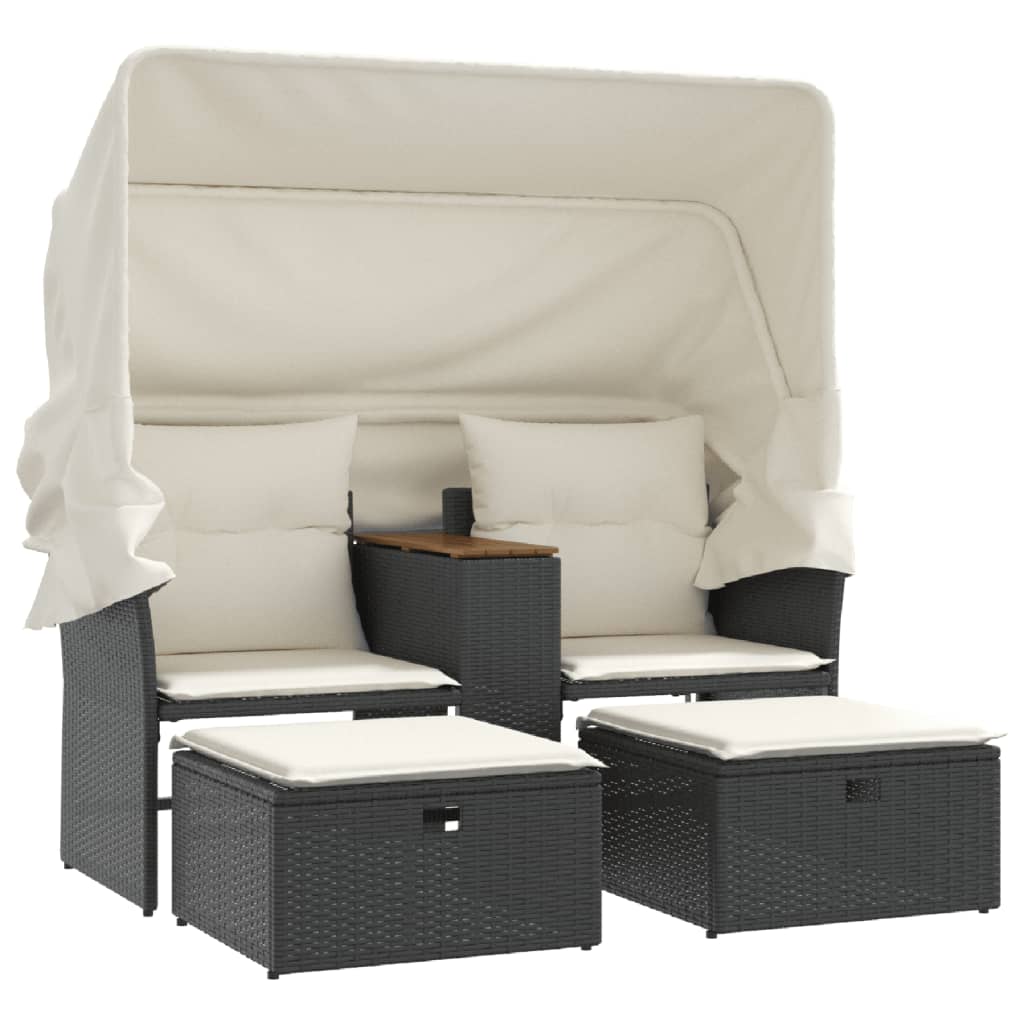 Tuinbank 2-zits met luifel en voetenbanken poly rattan zwart is nu te koop bij PeponiXL, paradijselijk wonen!