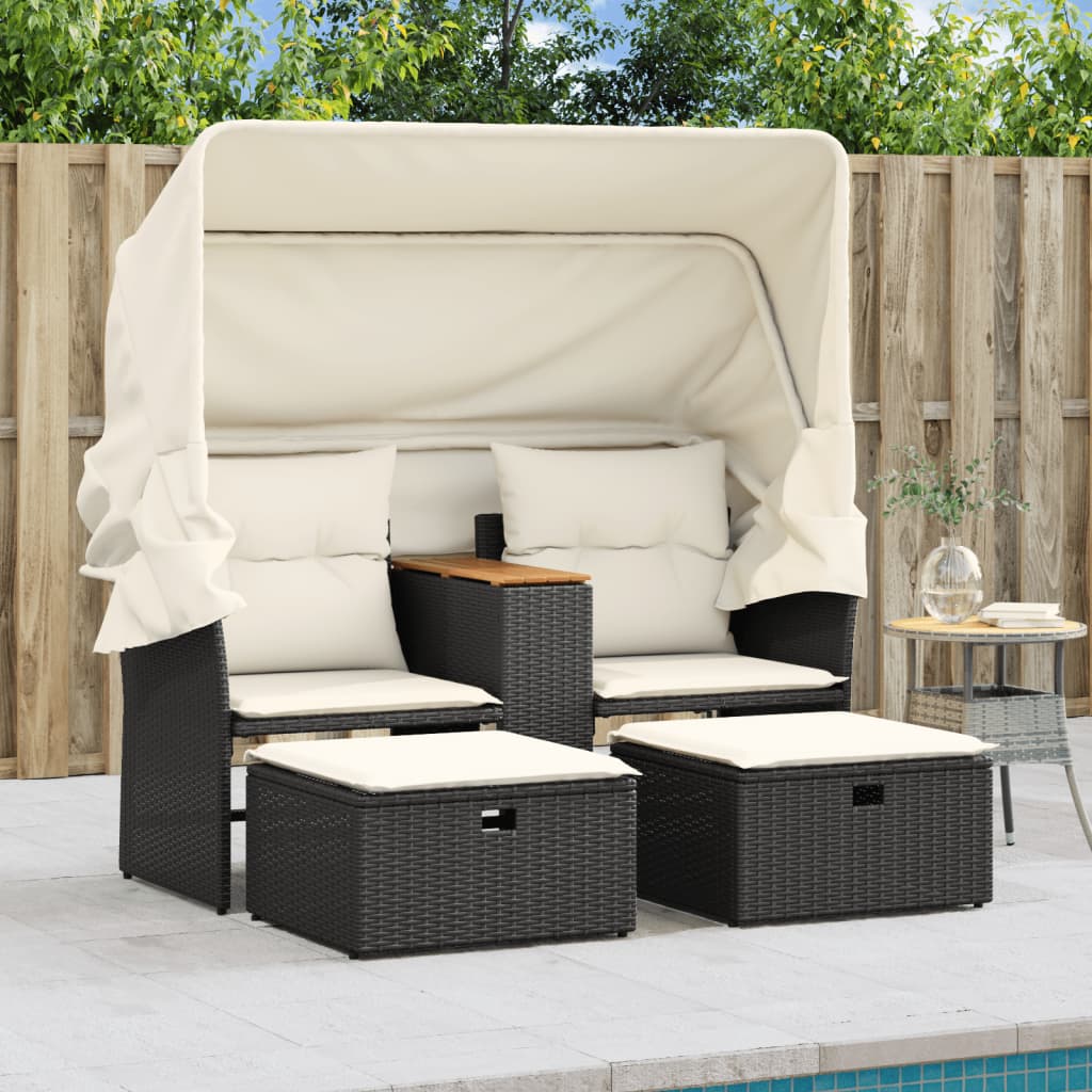 Tuinbank 2-zits met luifel en voetenbanken poly rattan zwart is nu te koop bij PeponiXL, paradijselijk wonen!