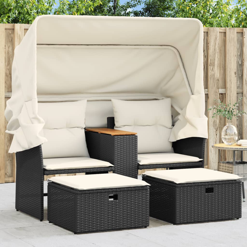 Tuinbank 2-zits met luifel en voetenbanken poly rattan zwart is nu te koop bij PeponiXL, paradijselijk wonen!