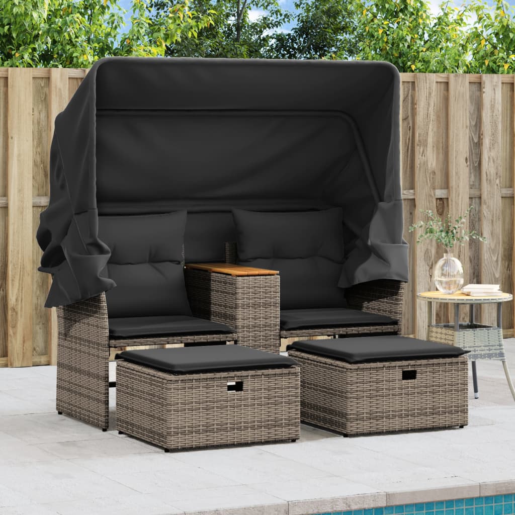 Tuinbank 2-zits met luifel en voetenbanken poly rattan grijs is nu te koop bij PeponiXL, paradijselijk wonen!