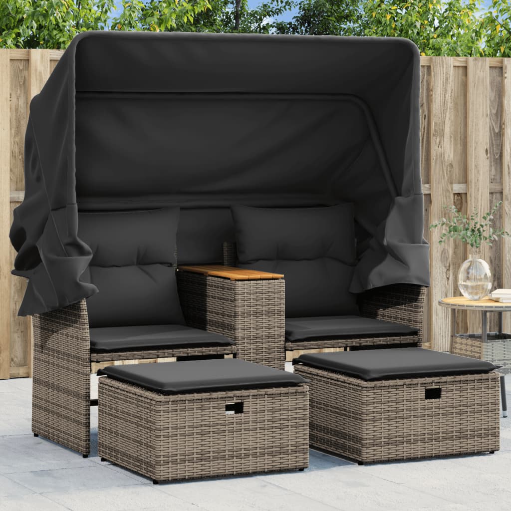 Tuinbank 2-zits met luifel en voetenbanken poly rattan grijs is nu te koop bij PeponiXL, paradijselijk wonen!